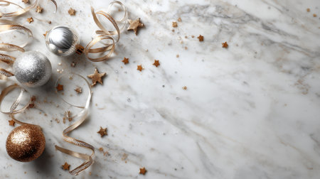 Beautiful marble surface adorned with silver and gold ornaments, festive ribbons, and sparkling stars creates a captivating holiday atmosphere perfect for decorations.の素材