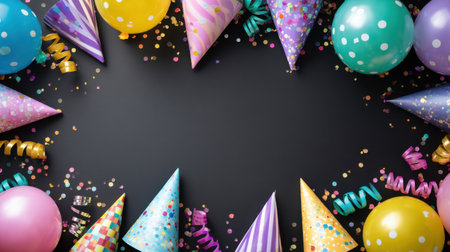 A vibrant arrangement of party decorations features colorful balloons, confetti, and party hats, creating a cheerful and festive atmosphere for celebrations.の素材