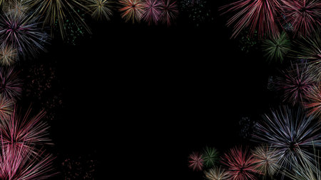This vibrant and colorful fireworks display creates a festive atmosphere with bright sparks and patterns against a dark background, ideal for a variety of celebration designs.の素材