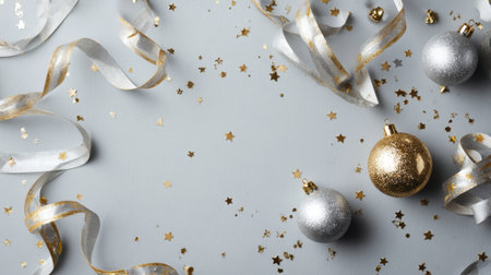 A beautiful arrangement of silver and gold ornaments on a soft gray background, enhanced with star confetti and decorative ribbon, perfect for festive celebrations.の素材