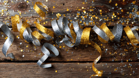 A vibrant arrangement of gold and silver ribbons sprinkled with confetti creates a delightful atmosphere on a rustic wooden surface, perfect for any festive occasion.の素材