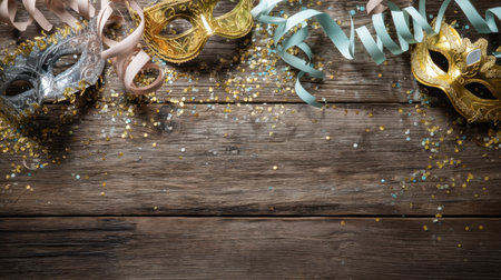 A stylish arrangement of colorful masks and sparkling confetti on a weathered wooden table creates a vibrant and festive atmosphere for celebrations.の素材