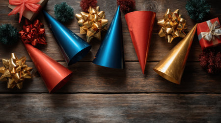 A vibrant display of colorful party hats and decorative bows arranged on a rustic wooden table, perfect for enhancing any festive celebration or birthday event.の素材