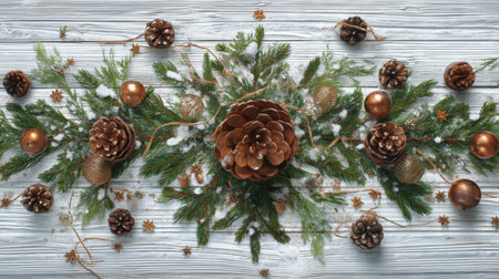 Beautiful holiday arrangement with pine cones, ornaments, and greenery on a rustic wooden background, ideal for seasonal decor and festive celebrations.の素材