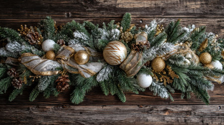 A beautiful arrangement of pine branches, seasonal ornaments, and festive elements set on a rustic wooden background, perfect for holiday decorations and winter celebration themes.の素材