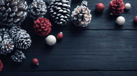 A beautiful arrangement featuring frosted pine cones and colorful ornaments on a dark wooden surface, perfect for capturing the festive spirit of winter holidays.の素材