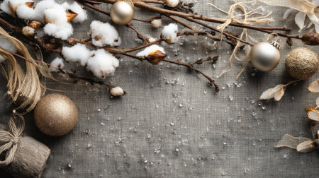 A serene winter arrangement showcasing cotton branches and gold ornaments on a gray textile background, perfect for holiday decor inspiration and seasonal ambiance.の素材