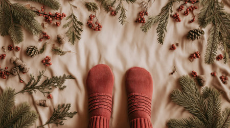 A serene flatlay featuring cozy red socks on soft fabric, surrounded by pine sprigs, berries, and pinecones, evoking a warm holiday atmosphere and winter charm.の素材