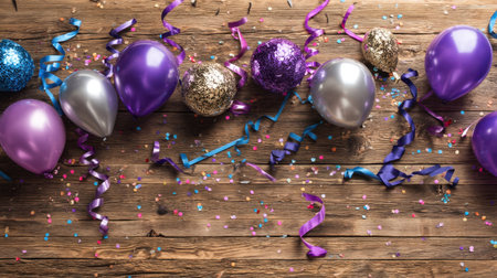 Capture the essence of celebration with colorful balloons and confetti scattered on a wooden surface, creating a joyful atmosphere perfect for any event or gathering.の素材