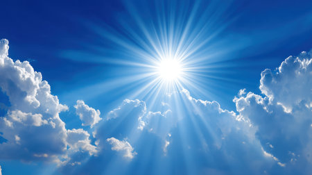 A stunning view of a bright blue sky filled with fluffy white clouds, showcasing radiant sun beams. This nature scene embodies beauty, tranquility, and peace.の素材