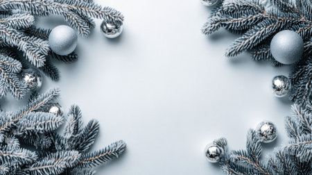 A beautiful arrangement of silver ornaments and frosted pine branches creates an elegant frame against a soft blue background, perfect for holiday and festive themes.の素材