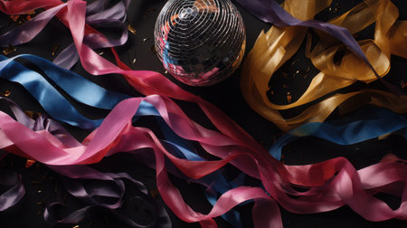 A dynamic arrangement showcasing colorful ribbons and a glittering disco ball, perfect for enhancing any celebration or event with vibrant charm and festive style.の素材