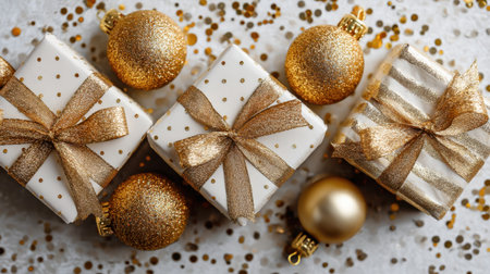 Discover a festive arrangement featuring elegant gift boxes adorned with golden ribbons and shiny ornaments, perfect for holiday celebrations and seasonal joy.の素材
