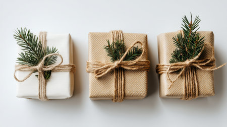 This image features beautifully wrapped gifts adorned with twine and greenery, creating a charming and festive atmosphere for holiday celebrations and seasonal decor.の素材