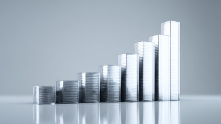 A sleek metallic bar graph illustrates financial growth, featuring shiny coins that symbolize progress in business and economic success. Perfect for professional contexts.の素材