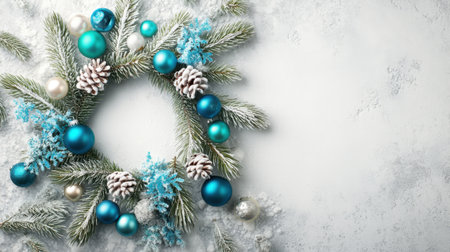 A beautifully arranged Christmas wreath featuring vibrant blue and white ornaments surrounded by frosted pine branches on a snowy surface, perfect for festive decor.の素材