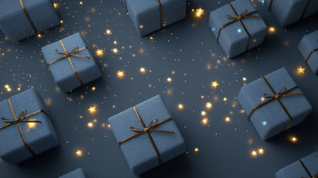 This image showcases a stunning arrangement of wrapped gift boxes adorned with ribbons, surrounded by glimmering stars, perfect for festive occasions.の素材