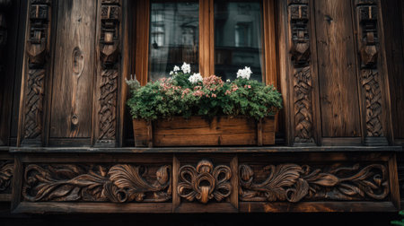 A beautifully crafted wooden window features intricate carvings and a charming flower box brimming with vibrant blooms, enhancing the urban landscape.の素材