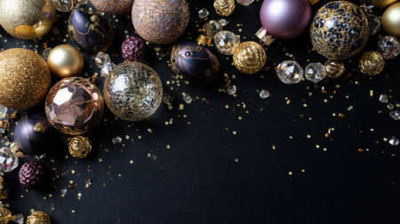 A stunning collection of decorative Christmas ornaments and sparkling jewels on a dark background. Perfect for holiday themes, seasonal decor, and festive creativity.の素材