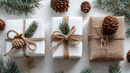 A beautifully arranged display of wrapped holiday gifts, featuring natural decorations like pinecones and evergreen branches, perfect for festive occasions.の素材