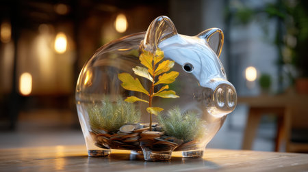 A clear piggy bank featuring a growing plant, symbolizing the relationship between saving money and sustainability. Ideal for financial and eco-conscious themes.の素材