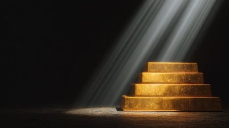 A striking visual featuring gold bars illuminated by soft rays of light against a dark background, symbolizing wealth, luxury, and prosperity in a minimalist style.の素材