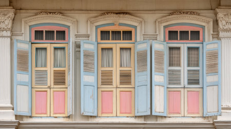 Explore the beauty of vintage windows with pastel tones and elegant shutters, showcasing a delightful architectural facade that adds charm and character to any setting.の素材