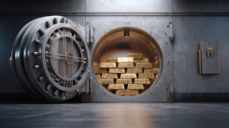 A detailed view of an open vault door, revealing gleaming gold bars inside. This image represents finance, security, and wealth in a modern banking environment.の素材