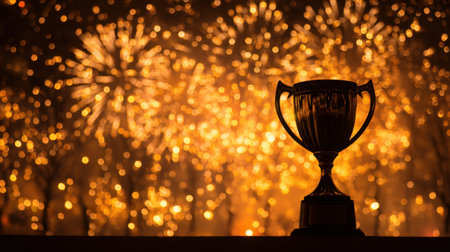 A stunning trophy silhouette stands proudly against a vibrant display of fireworks, creating a magical and celebratory atmosphere perfect for award events or festivities.の素材