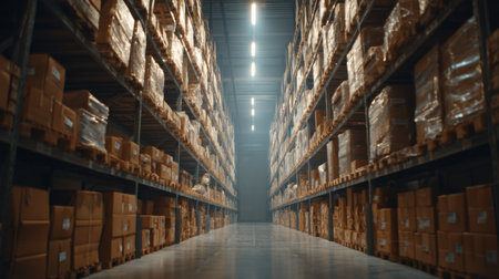 A wide shot of an empty warehouse interior showcasing neatly arranged shelves filled with cardboard boxes, highlighting the organization of storage and logistics.の素材