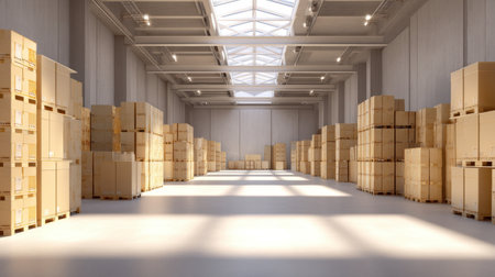 A spacious and bright warehouse interior showcasing organized wooden pallets and tall shelves, illuminated by natural light filtering through skylights, ideal for logistics.の素材