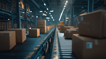 This image depicts a modern warehouse with an automated conveyor belt system transporting cardboard boxes, highlighting the efficiency of logistics and distribution processes.の素材