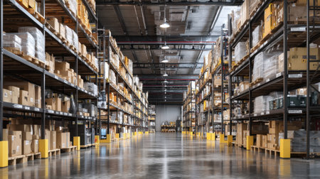 Bright and spacious warehouse showcasing organized shelving with stacked boxes, wide aisles, and a clean environment ideal for efficient storage and logistics operations.の素材