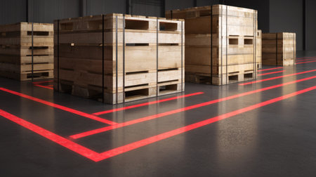 A modern industrial warehouse scene featuring wooden pallets on a clean floor with striking red markings, symbolizing organization and efficiency in storage space management.の素材