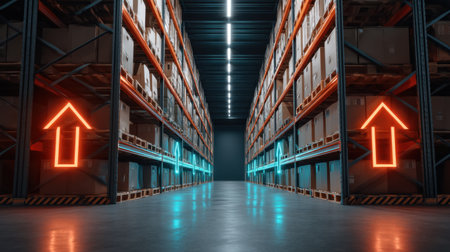 This image showcases a futuristic warehouse with neon arrows directing traffic, emphasizing the blend of technology and organization in modern logistics and storage solutions.の素材