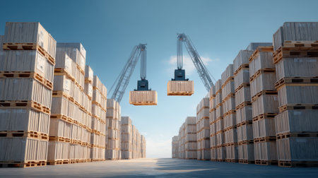A modern warehouse scene featuring cranes lifting wooden pallets between tall stacks of shipping containers, with a clear blue sky enhancing the industrial environment.の素材