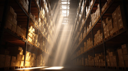 A serene interior view of a warehouse illuminated by sunlight filtering through the shelves, creating a warm and inviting atmosphere. Rows of cardboard boxes enhance the storage environment.の素材
