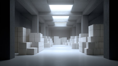 A spacious modern warehouse showcases an organized arrangement of white boxes under bright skylights. The minimalist interior emphasizes clean lines and a serene atmosphere.の素材