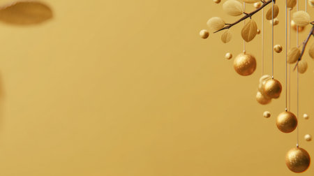 This stunning image features elegant golden ornaments, including hanging balls and delicate leaves, set against a warm yellow background, perfect for festive celebrations.の素材