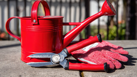 A vibrant red watering can, sharp pruning shears, and protective gardening gloves set against a stone surface, highlighting essential tools for outdoor gardening activities.の素材