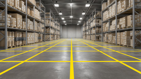 Empty warehouse interior showcasing spacious shelving units filled with boxes, perfect for logistics and storage solutions in an industrial environment.の素材