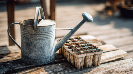 A vintage metal watering can sits beside trays of seedlings on a rustic wooden table, capturing the essence of gardening and nurturing plants in a sunlit garden space.の素材