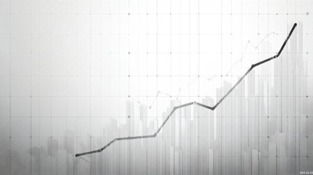 An abstract financial chart displaying an upward trend against a blurred city skyline in a minimalist design, representing market growth and economic development.の素材