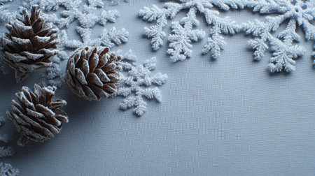 A beautiful arrangement of frosted pine cones and delicate snowflakes on a textured gray background, evoking a cozy winter atmosphere perfect for holiday decorations.の素材
