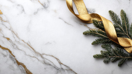 A sophisticated marble background featuring a shimmering gold ribbon alongside lush evergreen branches, ideal for holiday and seasonal design projects.の素材