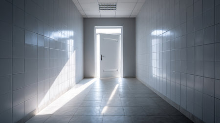 A serene corridor illuminated by soft light from an open doorway, featuring clean tiles and minimalist design, creating an inviting atmosphere of space and simplicity.の素材