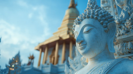 A stunning marble Buddha sculpture framed by a beautiful temple, showcasing intricate details against a serene blue sky, evoking peace and spirituality.の素材