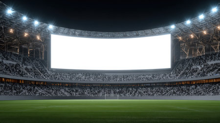 A modern stadium interior features an empty green field with a large blank screen under bright lights, creating an atmosphere for upcoming sports events and gatherings.の素材