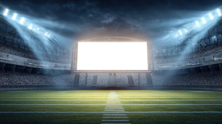 A striking image of an empty stadium featuring a large display screen illuminated by bright lights, showcasing a vast green field and spectator seating, ready for action.の素材