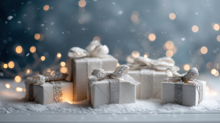 A collection of elegantly wrapped white presents adorned with shimmering ribbons, set against a snowy backdrop and soft glowing lights, evoking holiday warmth and cheer.の素材